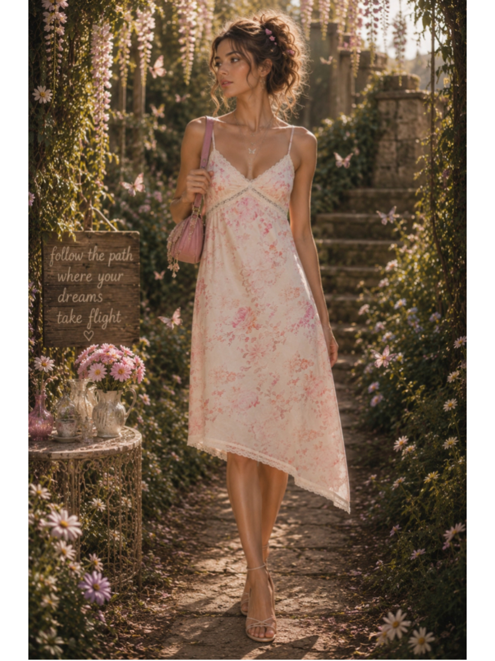 WAYF Lace Trim Floral Slip Dress XS